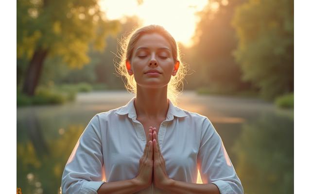 A person practicing calm mindfulness or meditation in a peaceful, natural environment