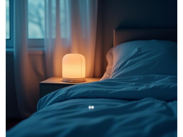 Advanced sleep tracking device on a bedside table with a graph overlay.