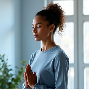 Maria R., 47, meditating calmly, with a chart showing a decrease in reported stress levels over time.